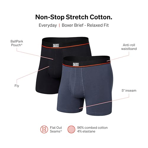 SAXX Underwear Co. Men's Non-Stop Stretch Cotton Boxer Brief Fly 2pk, Core2