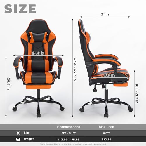 Image of Gaming Desk Chair for Adults, Ergonomic Gaming Chair (Black+Orange) | with Footrest Headrest and Lumbar Support, Leather Material Height Adjustable computer Video Game Chairs
