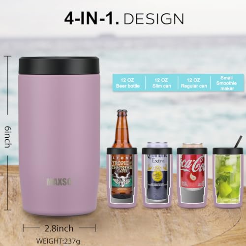 Image of 4-in-1 Slim Can Cooler Easy to Hold Insulated Beer Can Holder Double-walled Stainless Steel for All 12 Oz Cans (Purple)