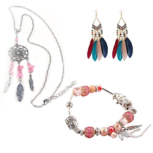 Soulnioi Dream Catcher Sweater Chain Wizard Feather Spar Necklace, Long Fringed Feather Earrings Boho Vintage Earrings and Bohemian Feather Pink Bracelet Ethnic Style, Jewelry Gift for Girl Women