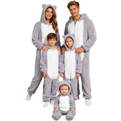 Pijamas de Navidad para la familia con capucha de forro polar a juego para padres y niños, ropa de invierno, sesiones de fotos, conjunto de pijama informal, 05#_gris, 5-6 Years