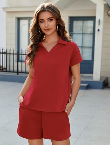 PINSPARK 2 Piece Sets for Women Summer Lounge Sets Short Sleeve Sweatsuit V-neck Tops and Drawstring Shorts Outfits Tracksuit4