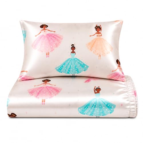 Image of Satin Twin Fitted Sheet Set,Ballerina design, Silky Soft Sheet, Deep Pocket Fitted Sheet (39 inch x 75 inch) with 1 Pillowcase (20 inch x 26 inch), Lightweight Breathable Satin Sheets for Kids & Adults