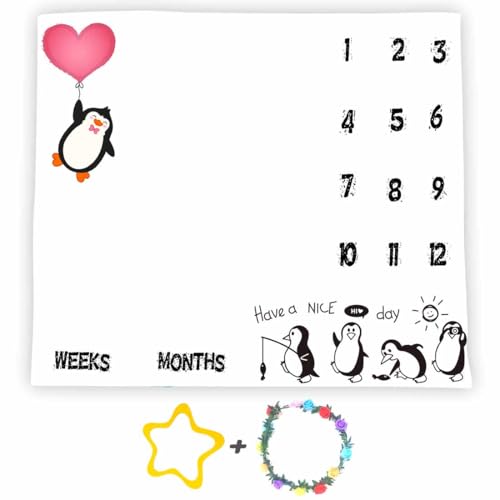 Image of Penguin Baby Monthly Milestone Blanket, 48x40in Soft Flannel, Red Love Heart, Newborn Mom Gifts, Baby Shower Age Growth Tracker with Bonus Maker BTYYSS31