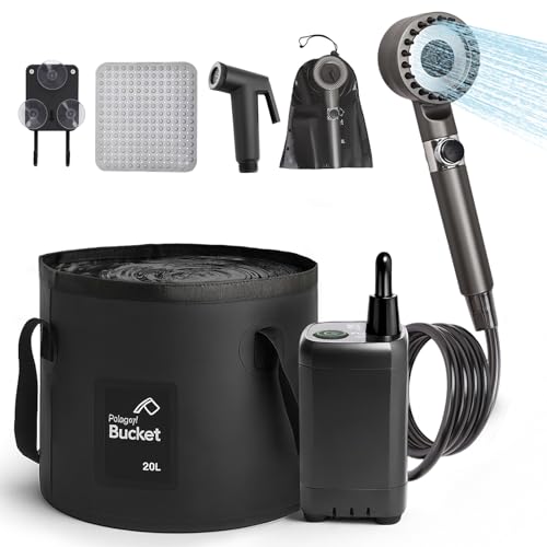 Rechargeable Camping Shower Pump, 9000mAh Portable Shower for Camping, 4 Sprayer Modes Electric Outdoor Shower Head IPX7 Waterproof USB Battery Powered Kit with 5 Gallon Bucket&Foot Pad (Black)