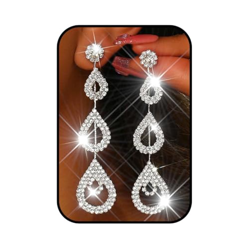 Catery Long Rhinestone Earrings Silver Pageant Earrings Dangling for Women Wedding (Silver)