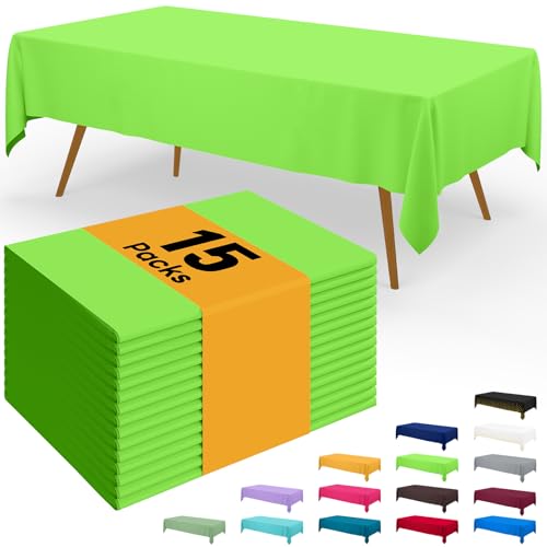 Image of Smiry Disposable Table Cloth - 15 Pack, 54 x 108 Inch Waterproof Rectangle Tablecloths for Parties, Decorative Plastic Table Cover, Leakproof & Sturdy, Lime Green