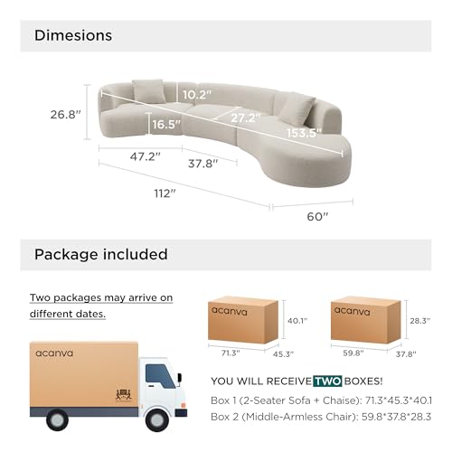 Image of Acanva Formia Boucle Curved Sectional Sofa, 153 inch W Right Hand, White