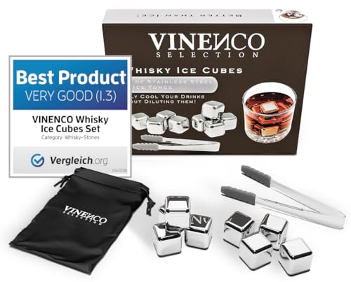 Whisky Steine Set - 8 Wiederverwendbare Edelstahl Eiswürfel, Zange + Stoffbeutel, Whiskey Ice Cubes Metall Kühlsteine Bar Zubehör Cocktail Rocks Gin Stones Dekorationszubehör Geschenk Whiskysteine