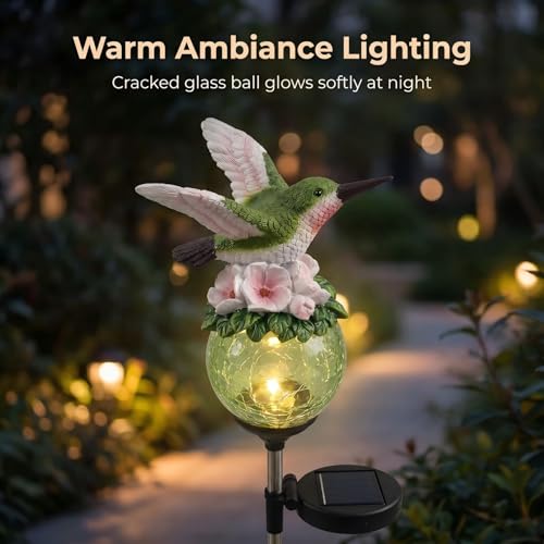 Solar Hummingbird Pathway Light, 30 Inch Resin Glass Crackle Globe Solar Powered, Garden Decorative Ground Insert Lamp for Lawn Patio Yard - Image 5