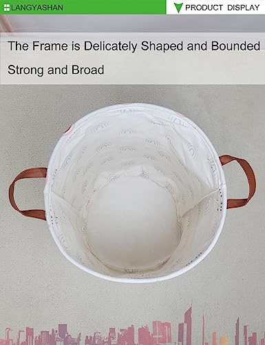 Image of Round Laundry Basket Collapsible Storage Hamper Cloud Rainbow | Waterproof Canvas Foldable Baskets with sturdy Handles Multi-scene Organizer for Home Play Bedroom Gift Bin