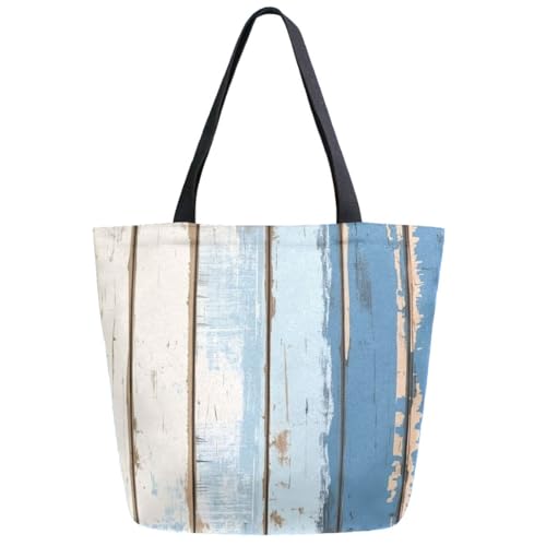 ZzWwR Fashion Extra Large Shoulder Tote Bag, Maritime Blue Beige Old Wooden Canvas Durable Daily Weekender Handle Bag Ideal for Gym Picnic Yoga Beach Travel Kitchen Market Grocery Shopping