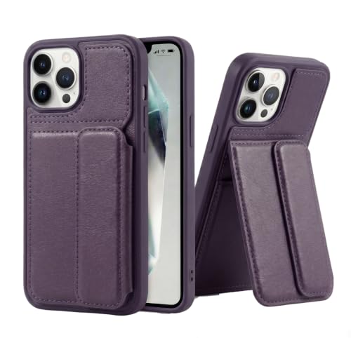 Image of amazon basics Luxury Vegan Leather Back Cover for iPhone 15 Pro | Built-in Card Holder Slot | Integrated Mobile Stand | Slim Shockproof Protective Case with Stitched Finish - Purple