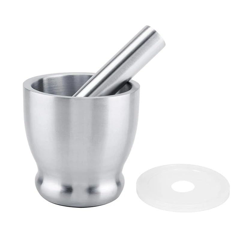 Mortaio Con Pestello Mortaio e pestello in acciaio inox di grandi dimensioni, set for frantumare le pillole spezie con coperchio protettivo for la cucina o for macinare erbe aromatiche