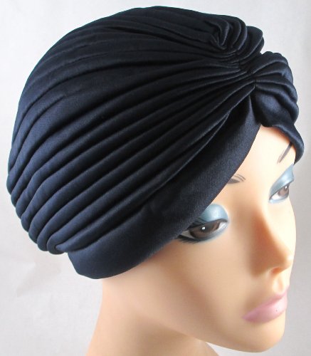 Navy Blue Pleated Satin Turban Hat Head Cover Sun Cap