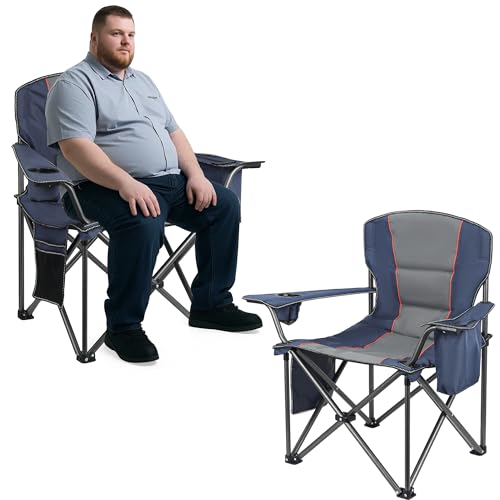 WEIDIORME 2 Pack Heavy Duty Oversized Camping Chair for Adults 400lbs w/Lumbar Support - Folding Chairs with Side Pocket, Cup Holder & Cooler Bag for Beach, Fishing, Lawn, Backyard Navy Blue
