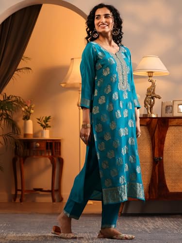 Image of Libas Woven Design Silk Blend Straight Kurta With Trousers and Dupatta