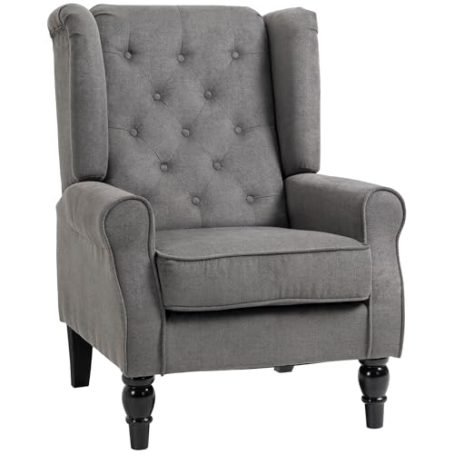 HOMCOM Sessel Ohrensessel mit Armlehnen, Loungesessel mit Kissen, Tufting, hoher Rückenlehne Armlehnensessel mit Holzbeine, Relaxsessel für Wohnzimmer, Schlafzimmer, Dunkelgrau