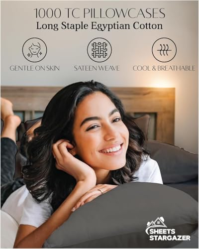 Image of 1000 Thread Count 100% Egyptian Cotton Pillow Cases, Set of 4 Pillowcase, Long-Staple 100% Cotton Breathable, Soft Sateen Weave Bed Pillow Cover, 20 X 40 Inches Pillowcases Dark Grey King Size