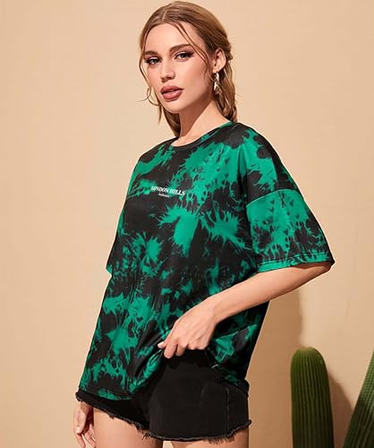 Image of London Hills tie dye Tshirt for Women Oversized t Shirts for Women Drop Shoulder Tshirt Pure Cotton Half Sleeve T-Shirt Green Black