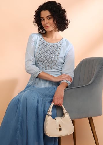 Image of Maaesa Women Embroidered Cotton Flared Dress