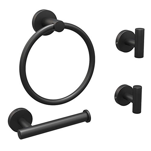 Sofier Black Bathroom Accessories Set 4 Piece with 304 Stainless Steel Black Towel Ring Toilet Paper Holder and 2 Robe Towel Hooks Wall Mounted Matte Black Bathroom Hardware Set