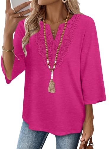 Image of WIHOLL 3 /4 Length Sleeve Womens Tops Boho V Neck Lace Shirt Trendy Blouses Dressy Casual Vacation Clothes S-3XL