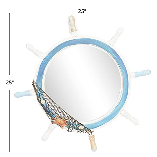 Deco 79 Wood Ship Wheel Room Wall Mirror Entryway Mirror with White Spokes and Sealife with Netting Accent, Wall Mounted Mirror 25" x 2" x 25", Blue - Image 3