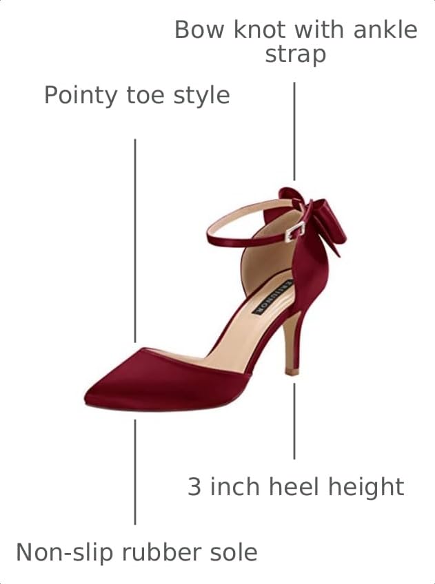 Image of ERIJUNOR Wedding Evening Party Shoes Comfortable Mid Heels Pumps with Bow Knot Ankle Strap Wide Width Satin Shoes