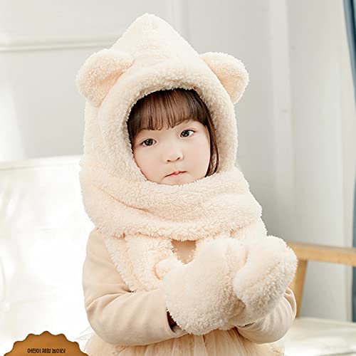 Winter Faux Fur Hood Hat Scarf and Gloves for Kids, 3 in 1 Lamb Wool Hooded Scarf for Girls and Boys 1-7 Years Old4