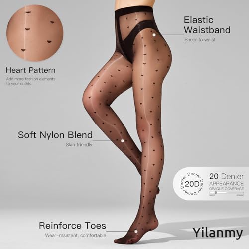 Image of Yilanmy Shiny Polka Dot Patterned Tights for Women Sheer Shimmer Pantyhose 20D High Waist Heart Stockings