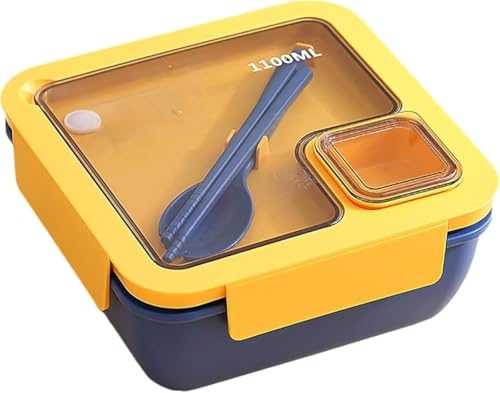 Riazdiw 1層PPランチボックス、箸とスプーン付き、大容量、電子レンジと食器洗い機対応、漏れ防止スープ、冷凍庫対応、軽量、持ち運び可能、男の子、女の子、学生、仕事/学校に適しています。 (ブルー,スクエアシングル)