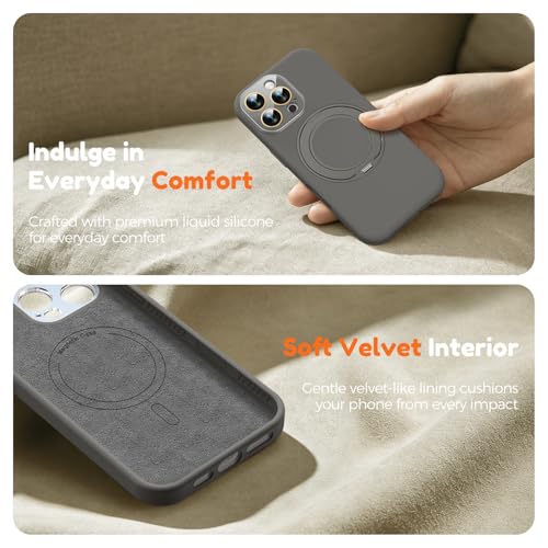 Image of Silicone 360 Spin Magnetic Stand Case for iPhone 16 Pro Max, [Compatible with Mag-Safe][Reinforced Hard Camera Protection] Liquid Silicone Rubber Phone Cover with Ring, Camera Button, Slate Gray