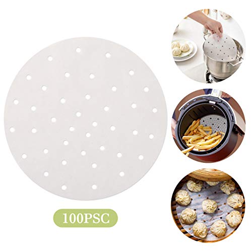 GWHOLE 100 Piezas Papeles Redondo para Freidora, 23cm Diámetro Papel con Agujeros para Cocina al Vapor, Papel de Horno Antiadherente- 9 Inch