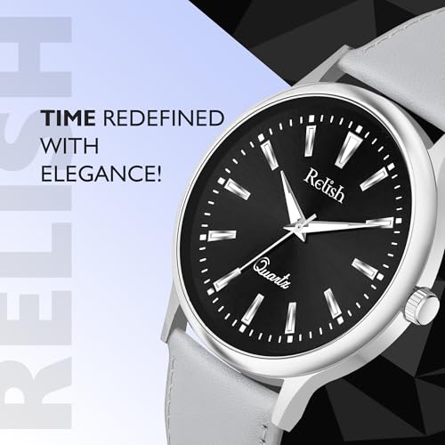 Image of Relish Watch for Men & Boys with Grey & Black PU Leather Strap, Quartz Analog Wrist Watch