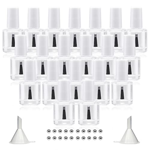 20PCS Empty Nail Polish Bottles with Brush White Cap, 10ML Empty Clear Glass Refillable Nail Fingernail Polish Bottles Circle with mixing beads & Funnels, 0.35 OZ