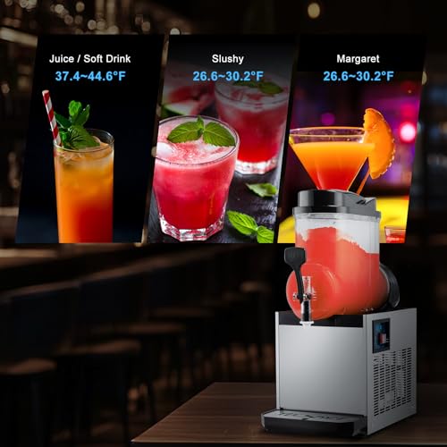TECSPACE 110V 1 Tank 4 Gallons Commercial Slushy Machine 600W, Stainless Steel Margarita Smoothie Frozen Drink Maker for Cocktail Ice Juice Tea Coffee Making, Slush Frozen Drink Machine, Sliver