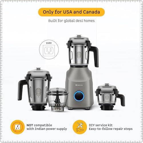 Image of Atomberg Tavi Mixer Grinder |110 V only for US & Canada | Unique Coarse Mode for Silbatta-Like Texture | Intelligent 600W Motor | 4 Jars Including Chopper Jar | Matte Sand Grey