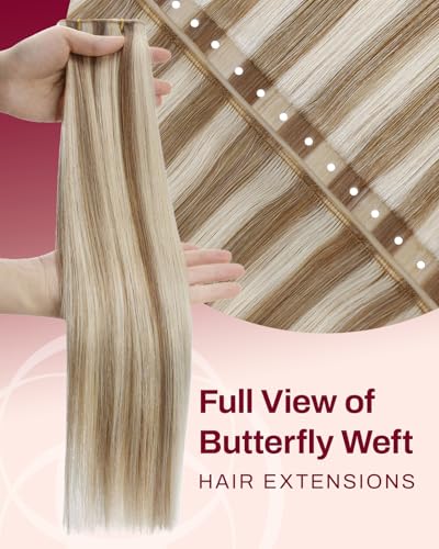 Image of Moresoo Butterfly Weft Hair Extensions Human Hair, Invisible Genius Weft, Light Brown with Blonde 14 Inch 50g, Add Volume, OVO PU Hole, Straight Soft Remy Hair, Simple Installation