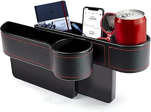 Car Seat Gap Filler, 2 Pack Multifunctional Car Seat Organizer with Cup Holder, Car Console Side Organizer for Cellphones, Wallets, Keys, Coin, Cards, Sunglasses, Passenger Side & Driver Side - Black