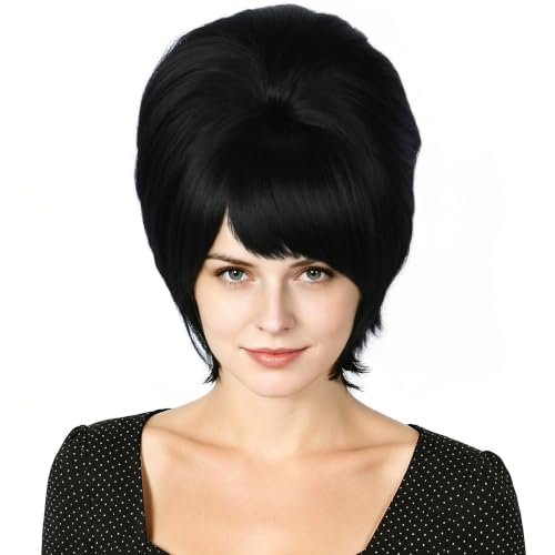 Linfairy 1960s Short Beehive Wig Perfect for Halloween Party Cosplay Bauffant Wigs (Black)