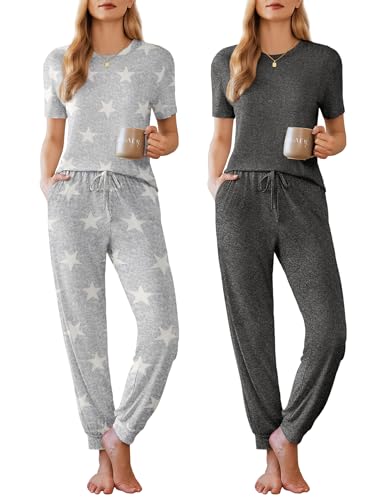 Image of Ekouaer Pajamas for Women Set 2 Pack Lounge Set Short Sleeve Pjs Joggers Long Pants Loungepwear with Pockets