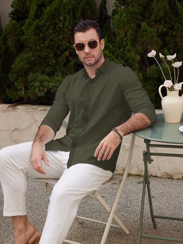 Friptspyg Leinenhemd Herren Hemd Langarm Baumwolle Leinen Hemden Button-Down Freizeithemden Casual Regular Fit Sommerhemd, Olivgrün M 2