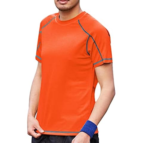 MSemis Men's Short Sleeve Swimsuit UV Rash Vest Rash Guard Swimming Tops Quick Dry Swim Shirts Activewear Orange 3XL Cover