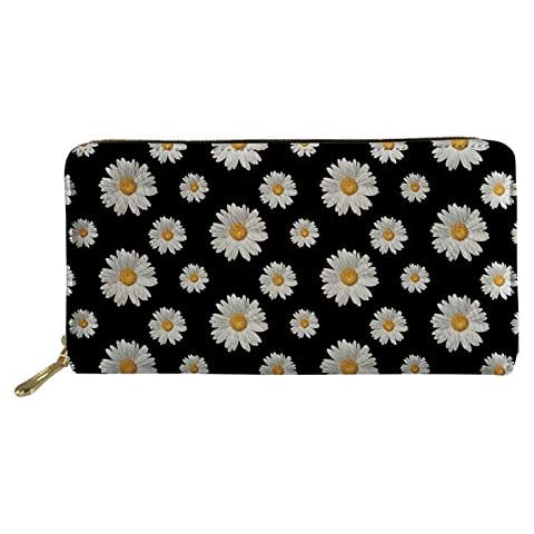 COEQINE Daisy Print Wallet Zip Around Large Capacity Pu Leather Clutch Purses Phone Wallet for Women Teen Girls,Black Cover