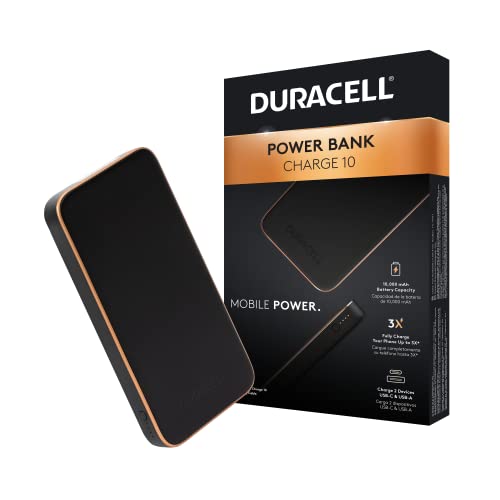 Duracell Charge 10 | 10,000mAh Mobile Power Bank | Compatible with iPhone, iPad, Samsung, Android, and More | TSA Carry-on Compliant | USB-C, USB-A | Recharges Devices Up to 3X