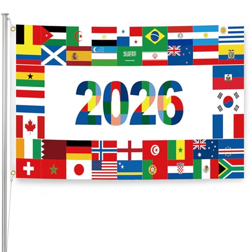World Cup Flag 2026 International Country Flag&Trophy Showcase Decorations Football Supporters Banner Soccer Merchandise Accessories Great Soccer Fans Gifts 59x35in Yard Sign Garden Outdoor Flag