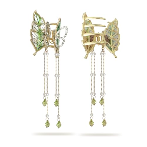Image of Sanas Hair Clips For Women Stylish (1Pc) Clutchers For Hair Accessories For Women Leaf Shape Hair clip With Dangling Crystal & Pearl chain For Woman Aesthetic Korean Gifts For Woman (1Pc) (Green & Pearls With Crystals)
