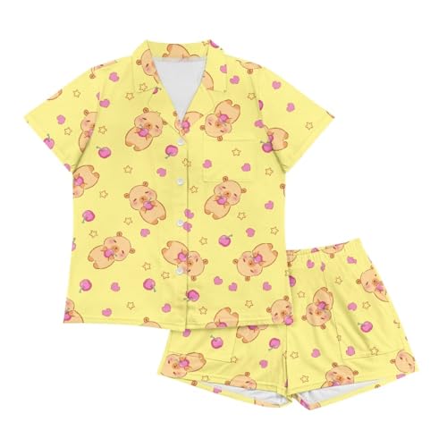 Image of Women's Short Sleeve Sleepwear Button 2 Piece Plus Size Pajamas Casual Soft Stretchy Funny Nightwear with Pockets
