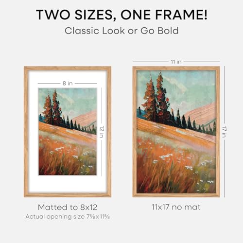 Image of Homeforia 11x17 Wood Frame, High End Natural Oak 11x17 Light Wooden Picture Frame with Mat 8x12, 11 x 17 Poster Frames Matted to 8 by 12 Photo, 17x11 Hanging Frames, Tempered Glass, Wall Kit, Set of 1